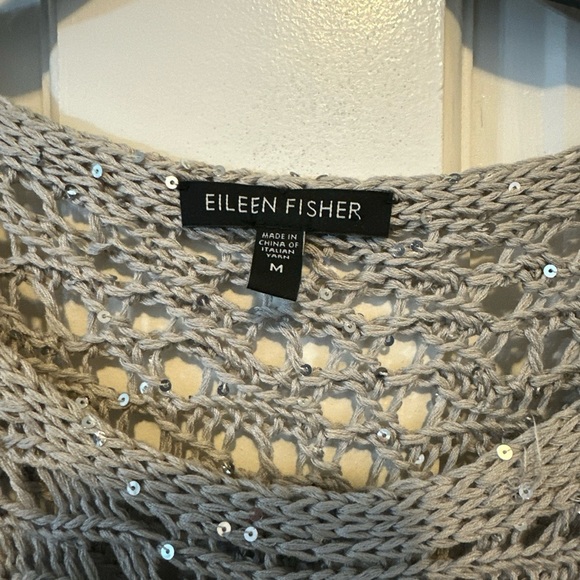 EILEEN FISHER Natural Oatmeal Beige Crochet Cap-Sleeve Sequin Sweater size med. - Picture 3 of 13